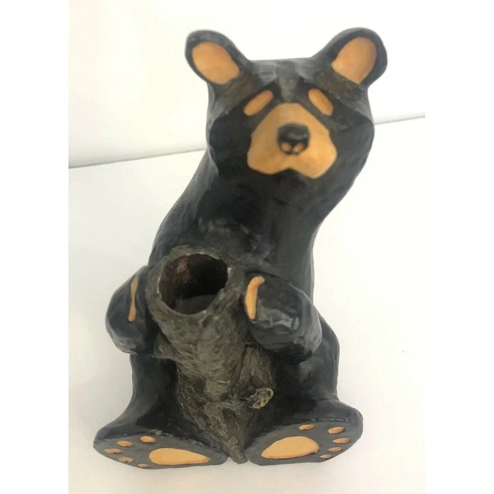 Bearfoots Jeff Flemming Figure Black Bear Holding Tree Stump Candle Holder